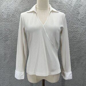 VTG Blouse M 90s Fitted Office Siren Ribbed Striped Stretchy Career‎ Y2K Minimal